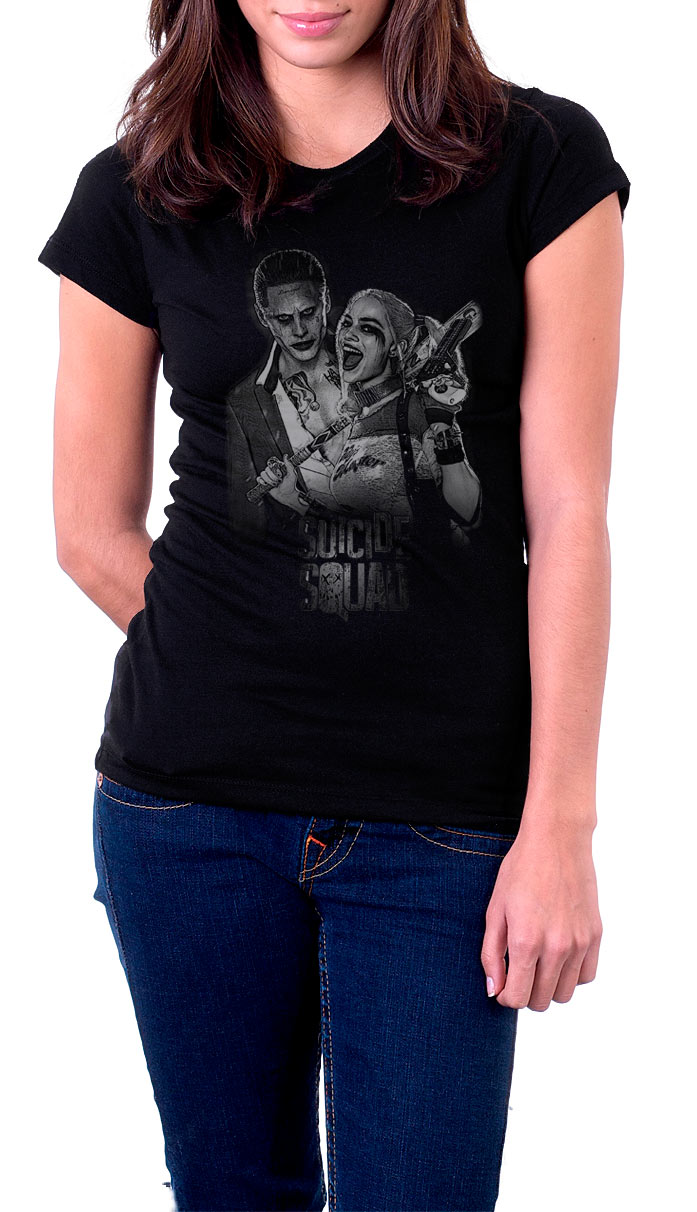 Camiseta chica Harley Quinn & The Joker B/N. Escuadrón Suicida