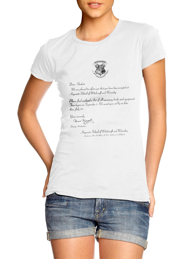 Camiseta chica carta ingreso escuela Hogwarts Harry Potter. Modelo blanco