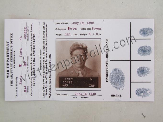 Carnet Militar Indiana Jones. Departamento de Guerra