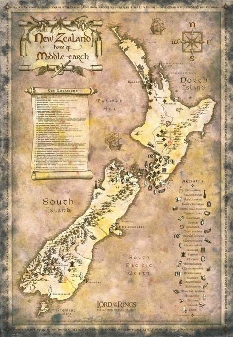 Mapa Localizaciones El Señor de los Anillos. Nueva Zelanda