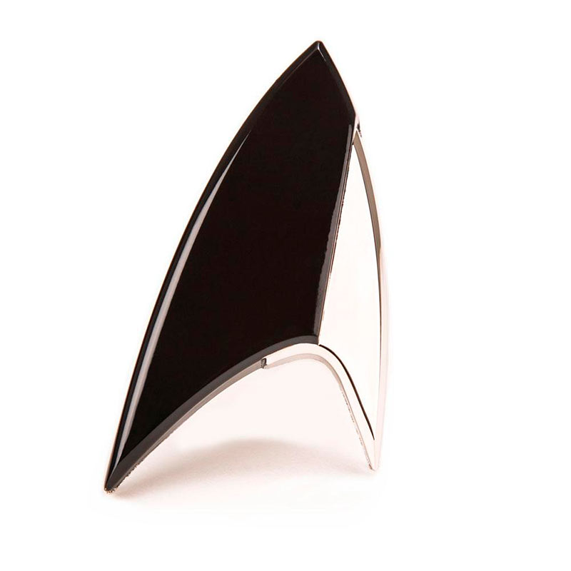 Pin insignia de metal color negro Star Trek: Discovery. Tamaño real. Escala 1:1. Quantum Mechanix