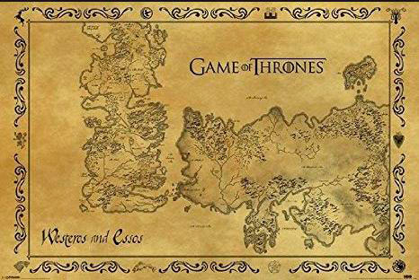 Póster Mapa Poniente y Ciudades Libres. Juego de Tronos Estilo envejecido